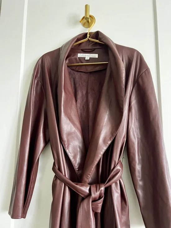 Kenneth Cole Vegan Leather Belted Trench Coat Brown Luxe Minimalist Jacket Sz L - Picture 13 of 15